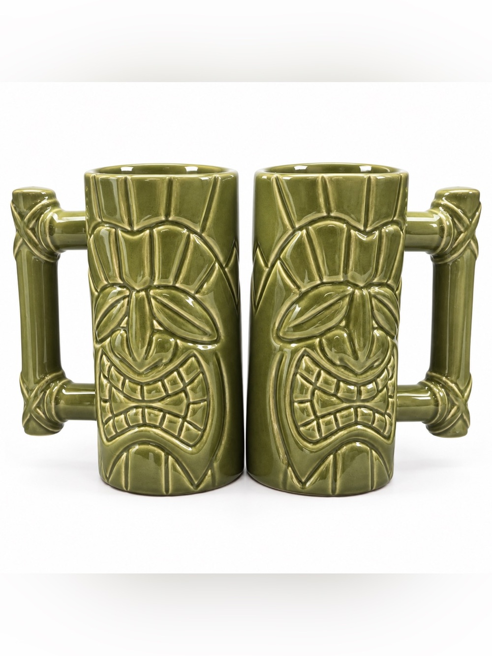 Pair of Olive Green Tiki Face Ceramic Mugs – 6.5” tall. Tropical, Bamboo Coffee